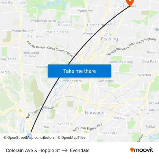 Colerain Ave & Hopple St to Evendale map