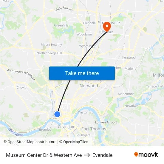 Museum Center Dr & Western Ave to Evendale map