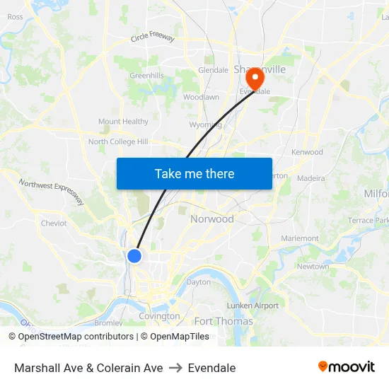 Marshall Ave & Colerain Ave to Evendale map