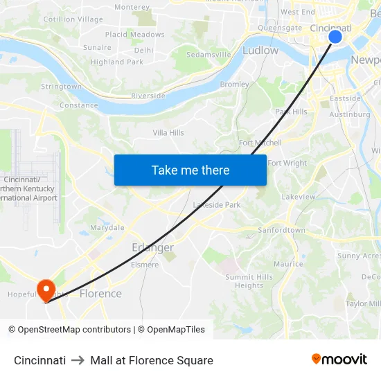 Cincinnati to Mall at Florence Square map