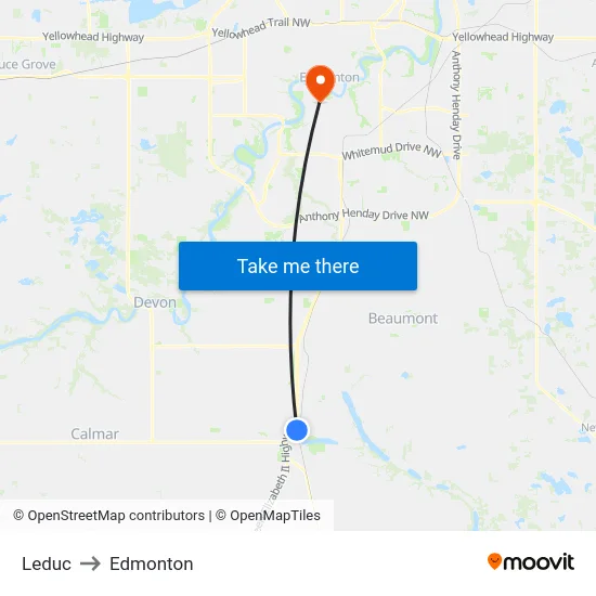Leduc to Edmonton map