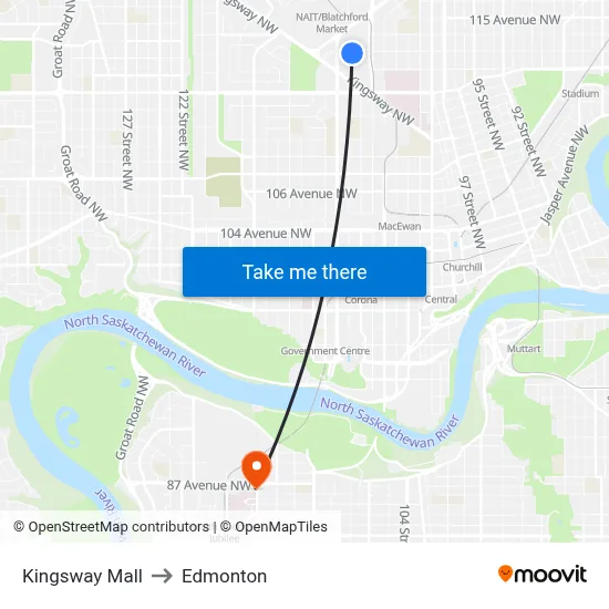 Kingsway Mall to Edmonton map