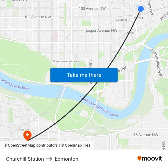 Churchill Station to Edmonton map