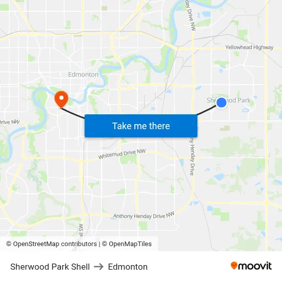 Sherwood Park Shell to Edmonton map