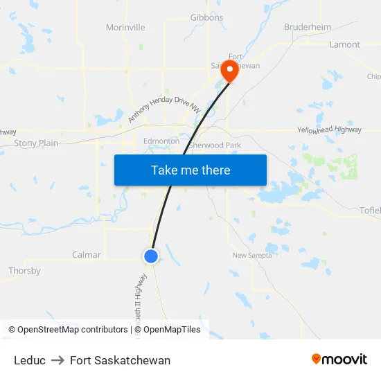 Leduc to Fort Saskatchewan map
