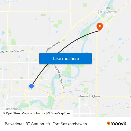 Belvedere LRT Station to Fort Saskatchewan map