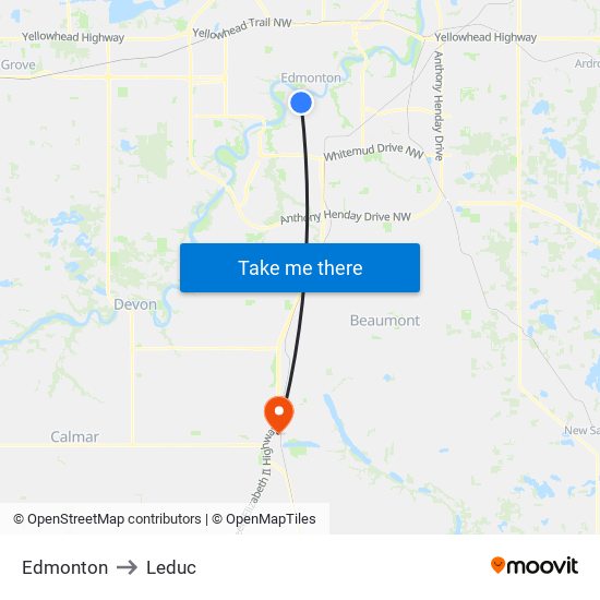 Edmonton to Leduc map