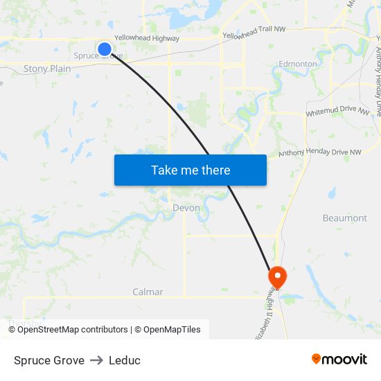 Spruce Grove to Leduc map