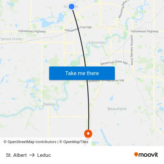 St. Albert to Leduc map