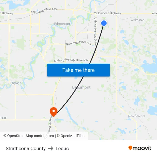 Strathcona County to Leduc map