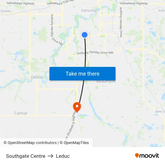 Southgate Centre to Leduc map