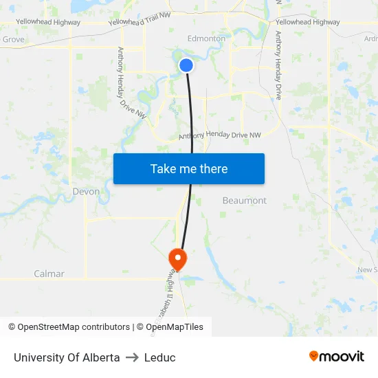 University Of Alberta to Leduc map
