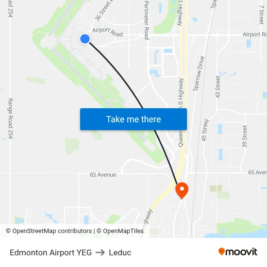 Edmonton Airport YEG to Leduc map
