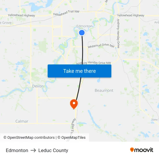 Edmonton to Leduc County map
