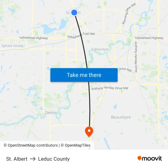 St. Albert to Leduc County map