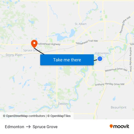 Edmonton to Spruce Grove map