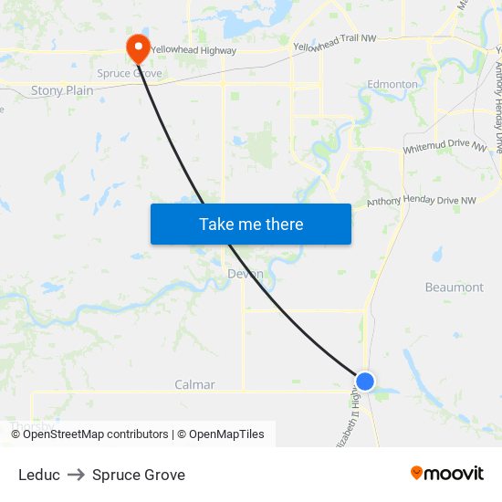 Leduc to Spruce Grove map