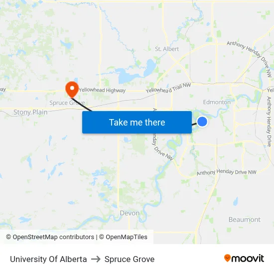 University Of Alberta to Spruce Grove map