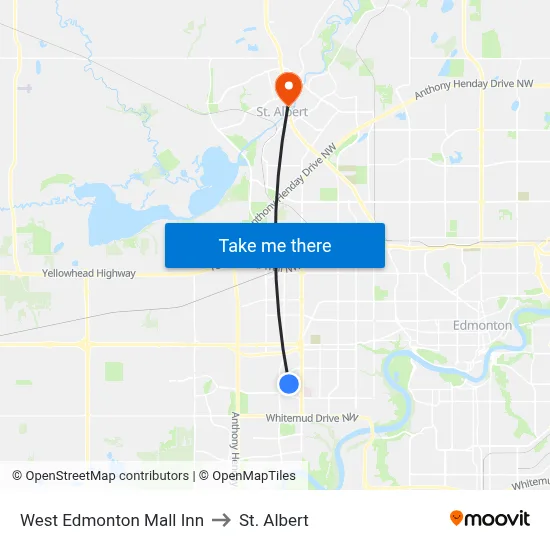 West Edmonton Mall Inn to St. Albert map