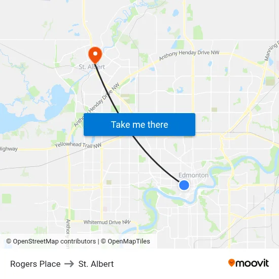 Rogers Place to St. Albert map
