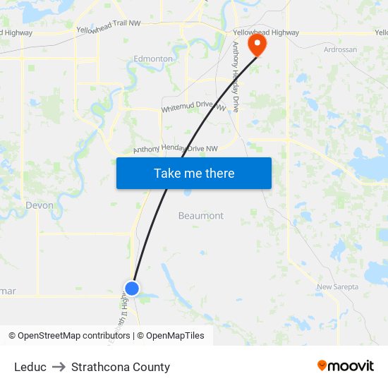 Leduc to Strathcona County map