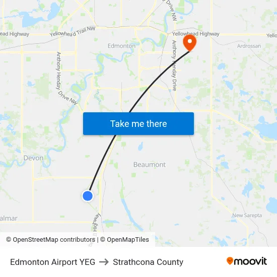 Edmonton Airport YEG to Strathcona County map