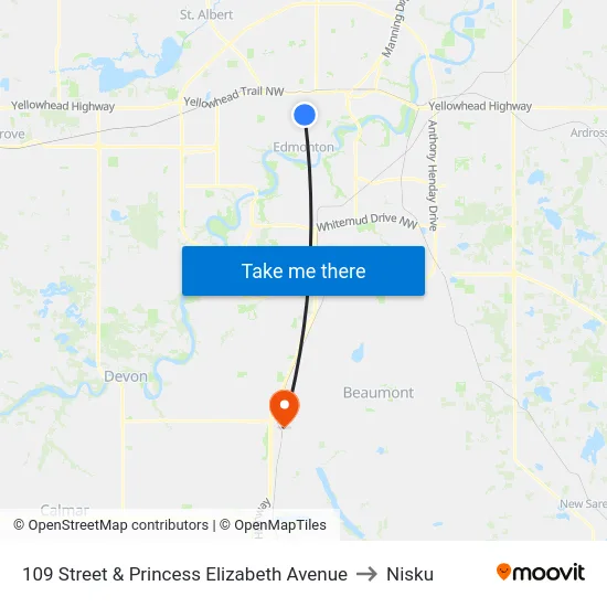 109 Street & Princess Elizabeth Avenue to Nisku map