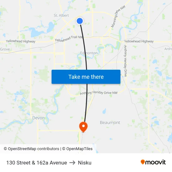 130 Street & 162a Avenue to Nisku map