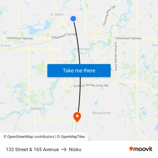 132 Street & 165 Avenue to Nisku map