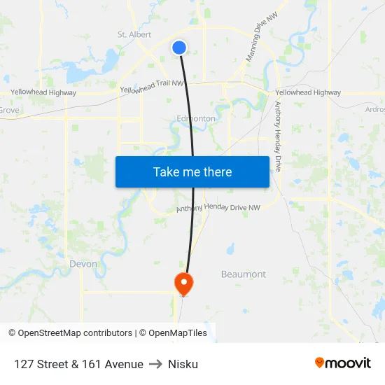127 Street & 161 Avenue to Nisku map
