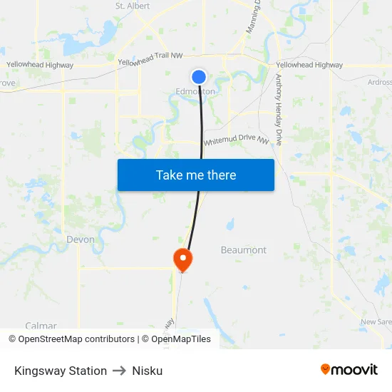 Kingsway Station to Nisku map