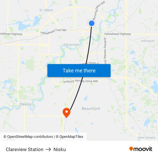 Clareview Station to Nisku map