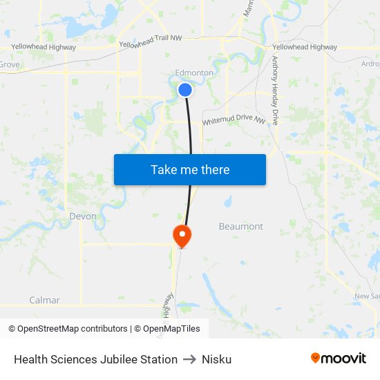 Health Sciences Jubilee Station to Nisku map