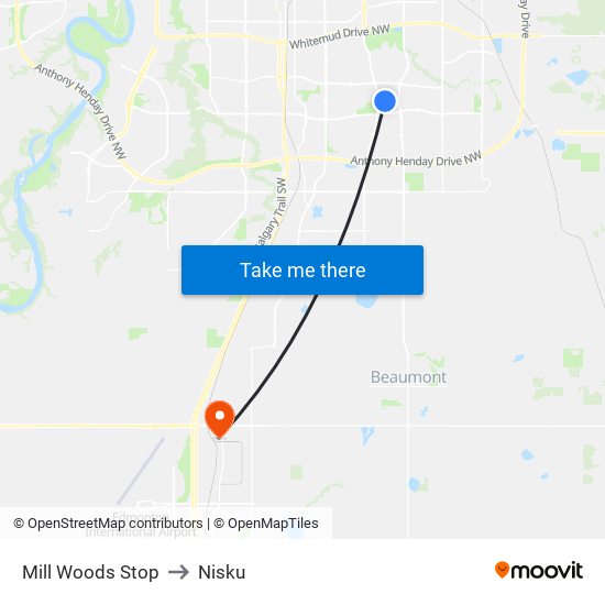 Mill Woods Stop to Nisku map