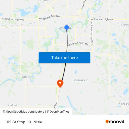 102 St Stop to Nisku map