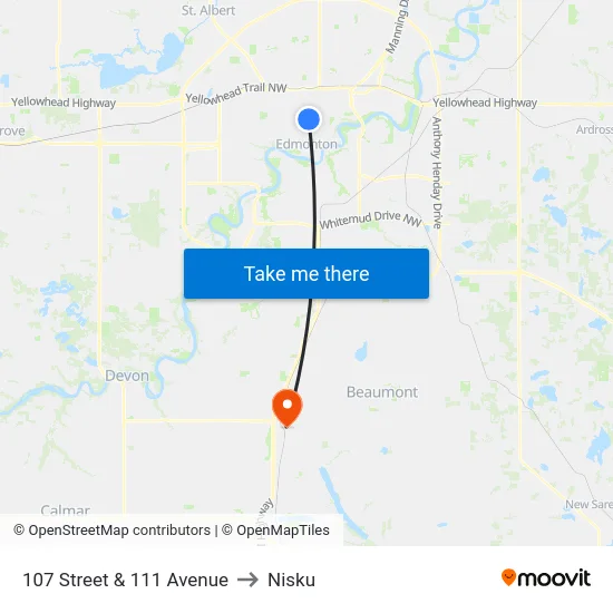 107 Street & 111 Avenue to Nisku map