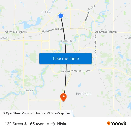 130 Street & 165 Avenue to Nisku map