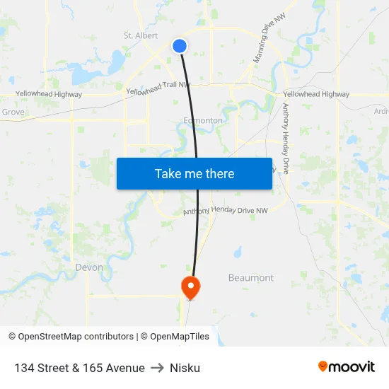 134 Street & 165 Avenue to Nisku map