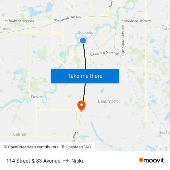 114 Street & 83 Avenue to Nisku map