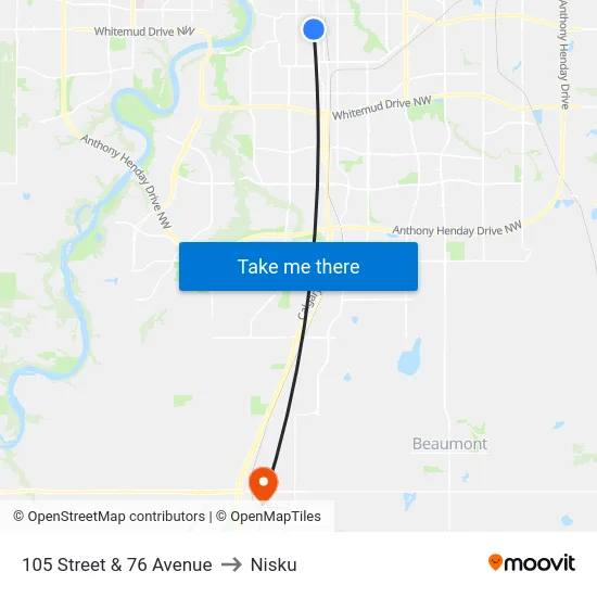 105 Street & 76 Avenue to Nisku map