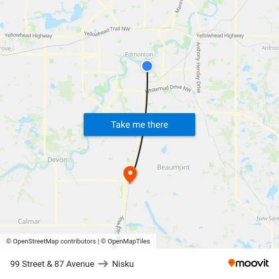 99 Street & 87 Avenue to Nisku map