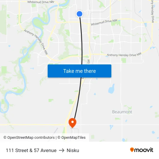 111 Street & 57 Avenue to Nisku map