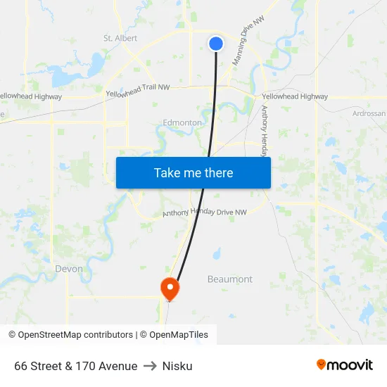 66 Street & 170 Avenue to Nisku map