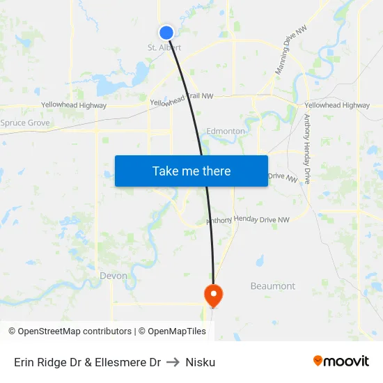 Erin Ridge Dr & Ellesmere Dr to Nisku map