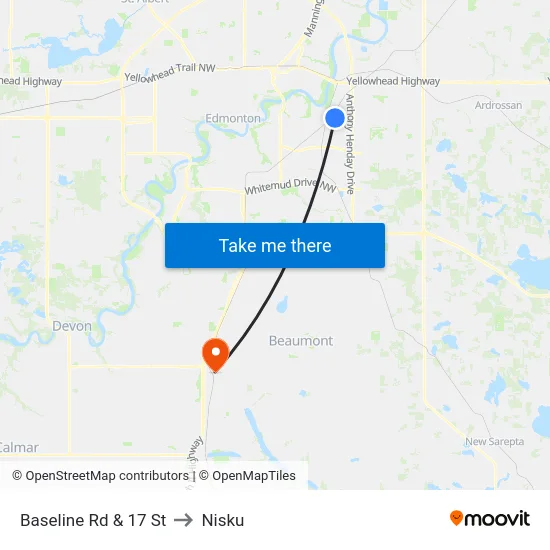 Baseline Rd & 17 St to Nisku map