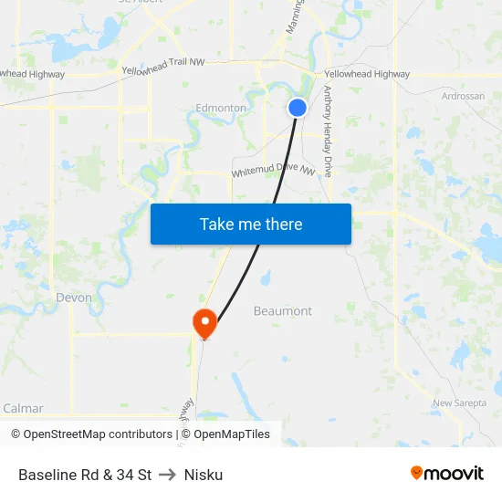 Baseline Rd & 34 St to Nisku map
