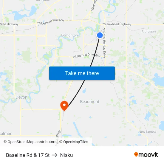 Baseline Rd & 17 St to Nisku map