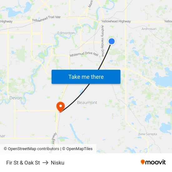 Fir St & Oak St to Nisku map