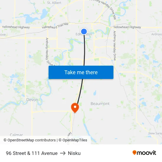 96 Street & 111 Avenue to Nisku map