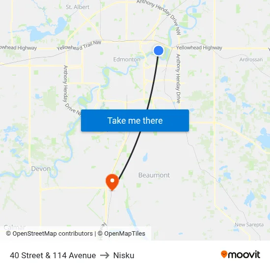 40 Street & 114 Avenue to Nisku map